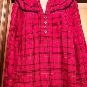 LOFT Vibrant Red Checkered Blouse with Black Accents